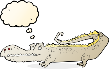 Bir insan tarafından çizilmiş düşünce baloncuklu timsah çizgi filmi.