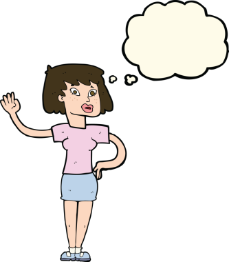 Bir insan tarafından çizilmiş düşünce baloncuğuyla el sallayan çizgi film kadını.