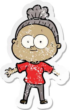 Bir insan tarafından çizilmiş mutlu, yaşlı bir kadının sıkıntılı çıkartması.