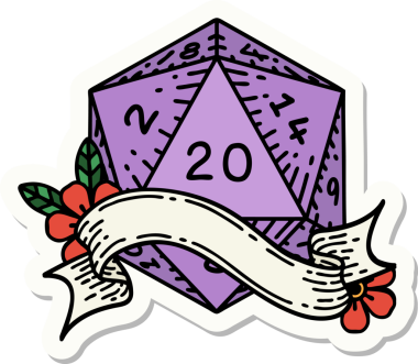 Bir insan tarafından çizilmiş 20 D20 zarının çıkartması.