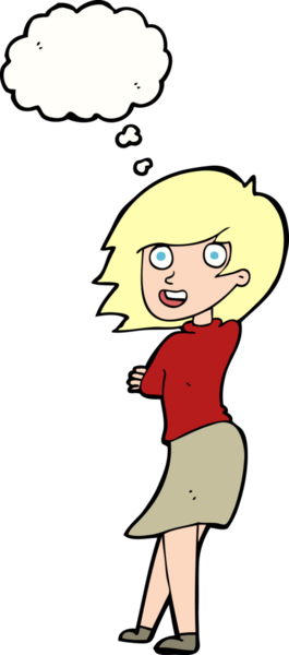 Bir insan tarafından çizilmiş düşünce balonlu mutlu kadın çizgi filmi.