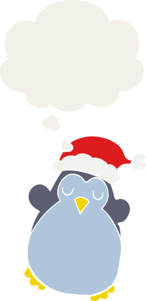 Düşünce baloncuğu olan sevimli noel pengueni insan tarafından çizilmiş.