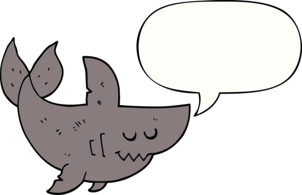 Bir insan tarafından çizilmiş konuşma baloncuklu çizgi film köpekbalığı.