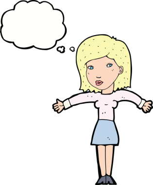 Bir insan tarafından çizilmiş düşünce baloncuğuyla omuz silken çizgi film kadını.