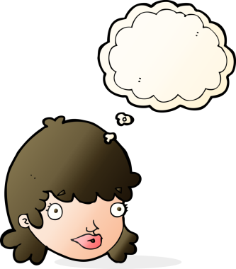 Bir insan tarafından çizilmiş düşünce baloncuğu ile şaşırmış kadın yüzü.