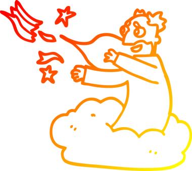 Bir insan tarafından bulutların üzerine çizilmiş çizgi film tanrısı çizimi.