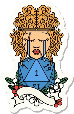 Bir insan tarafından çizilmiş doğal bir d20 rulo ile ağlayan bir insan barbarının çıkartması.