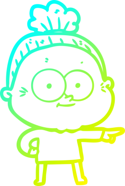 Bir insan tarafından çizilmiş, mutlu, yaşlı bir kadının çizimi.