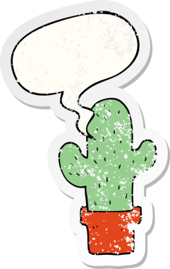 Konuşma baloncuğu olan çizgi film kaktüsü bir insan tarafından çizilmiş sıkıntılı eski bir çıkartma.