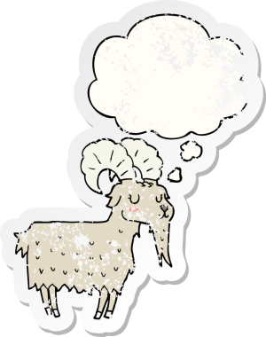 Düşünce baloncuğu olan çizgi film keçisi insan tarafından çizilmiş yıpranmış bir çıkartma gibi.