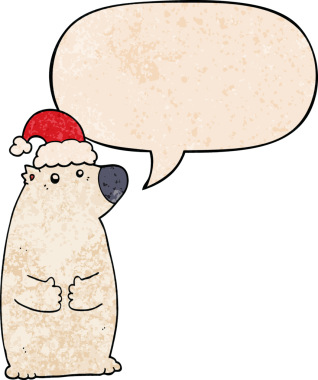 Bir insan tarafından çizilmiş eski moda konuşma baloncuklu Noel şapkası takan çizgi film ayısı.