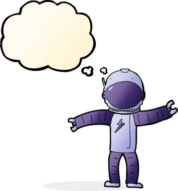 Bir insan tarafından çizilmiş düşünce baloncuklu astronot.