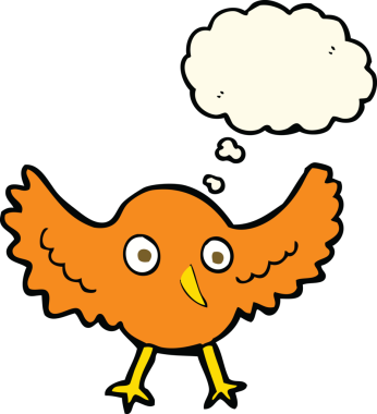 Bir insan tarafından çizilmiş düşünce baloncuklu çizgi film kuşu.