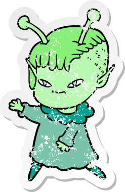 Bir insan tarafından çizilmiş sevimli uzaylı bir kızın sıkıntılı çıkartması.