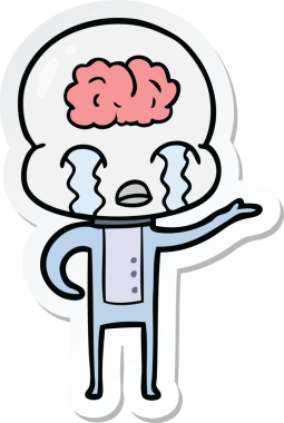 Bir çizgi film çıkartması. Bir insan tarafından çizilmiş büyük beyinli uzaylı ağlaması.