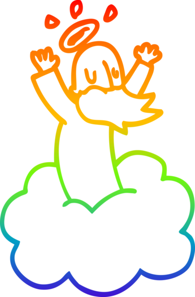 Gökkuşağı gradyan çizgi çizimi bir insan tarafından bulutların üzerine çizilmiş bir tanrı çizgi filmi.