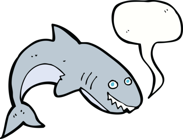 Bir insan tarafından çizilmiş konuşma baloncuklu çizgi film köpekbalığı.