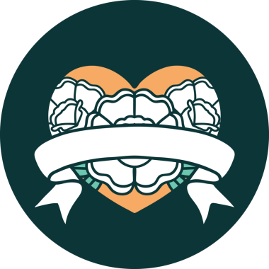 İkonik dövme stili bir kalp ve bir insan tarafından çizilmiş çiçekli pankart.