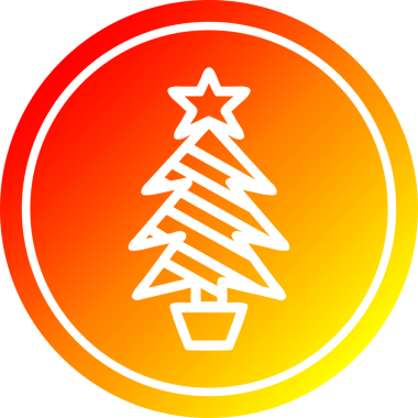 Bir insan tarafından çizilmiş sıcak gradyan bir ikona sahip Noel ağacı dairesel simgesi