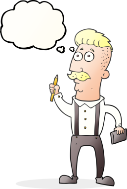 Bir insan tarafından çizilmiş not defteri olan serbest çizimli düşünce balonu karikatürü adam.