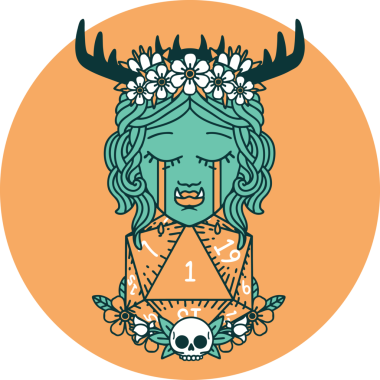 Hüzünlü yarı Ork Druid karakteri ikonu. Bir insan tarafından çizilmiş doğal bir zar.