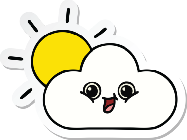 Bir insan tarafından çizilmiş şirin bir karikatür bulutu ve güneş ışığı çıkartması.