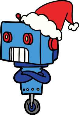 Bir insan tarafından çizilmiş Noel Baba şapkası giyen bir robotun el çizimi.