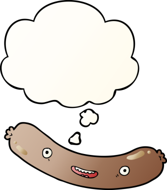 Düşünce baloncuklu çizgi film sosisi. Bir insan tarafından çizilmiş yumuşak bir gradyan stil.