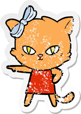 Bir insan tarafından çizilmiş bir elbise giymiş sevimli bir çizgi film kedisinin sıkıntılı çıkartması.