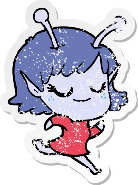 Bir insan tarafından çizilen gülümseyen uzaylı kız çizgi filminin sıkıntılı çıkartması.