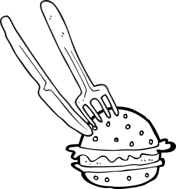 Bir insan tarafından çizilmiş siyah beyaz karikatür bıçağı ve çatal kesim burger.