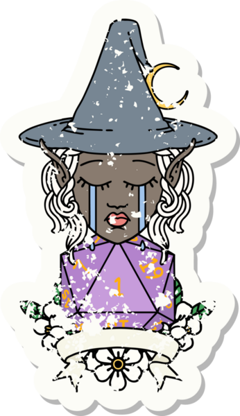 Retro Dövme Tarzı Ağlayan Elf Büyücüsü Karakteri Bir insan tarafından çizilmiş doğal bir zar ile