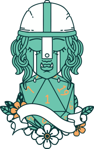 Retro Dövme Tarzı Ağlayan Ork Savaşçısı karakteri yüzü ve bir insan tarafından çizilmiş bir d20 rulosu.