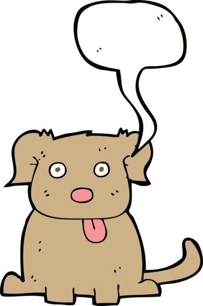 Bir insan tarafından çizilmiş konuşma balonu olan çizgi film köpeği.