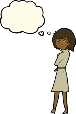 Bir insan tarafından çizilmiş düşünce balonlu trençkotlu bir kadın.