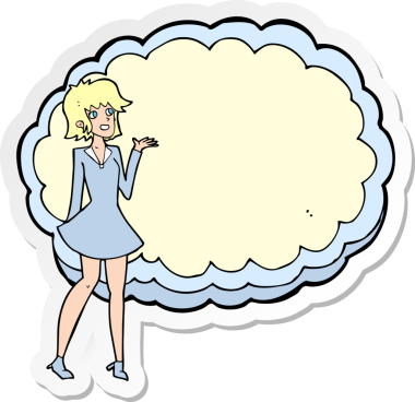 Bir insan tarafından çizilmiş bulutlu metin alanı olan karikatür dostu bir kadının çıkartması.