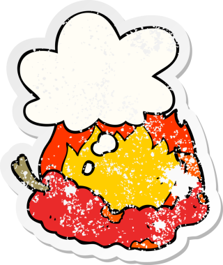 Düşünce baloncuklu sıcak kırmızı biber çizgi filmi insan tarafından çizilmiş yıpranmış bir çıkartma gibi.