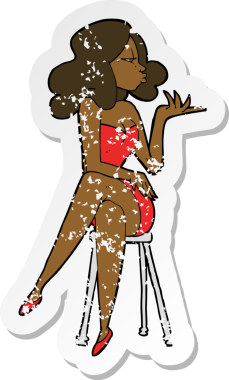 Bir insan tarafından çizilmiş bar taburesinde oturan bir karikatür kadının gerilimli retro yapıştırması.