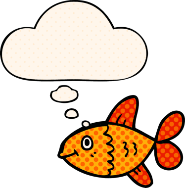 Bir insan tarafından çizilmiş, düşünce baloncuklu çizgi film balığı.