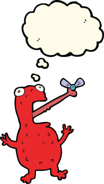 Bir insan tarafından çizilmiş düşünce baloncuğuyla sinek yakalayan zehirli kurbağa çizgi filmi.