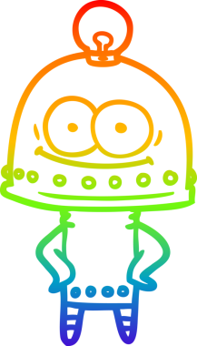 Gökkuşağı gradyan çizgisi mutlu bir karton robot çizimi ve bir insan tarafından çizilmiş ampul.