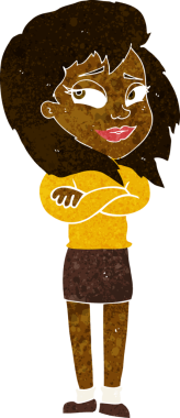 Bir insan tarafından çizilmiş çapraz kollu bir karikatür kadın.