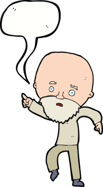 Çizgi film endişeli yaşlı adam bir insan tarafından çizilmiş konuşma balonuyla işaret ediyor.