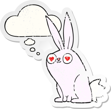 Düşünce balonuna aşık çizgi film tavşanı insan tarafından çizilmiş yıpranmış bir çıkartma gibi.