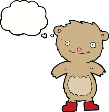 Bir insan tarafından çizilmiş düşünce baloncuklu çizme giyen oyuncak ayı.