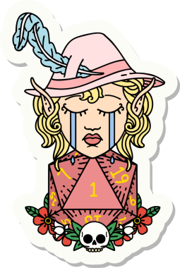 Ağlayan bir elf şair karakterinin çıkartması. Bir insan tarafından çizilmiş doğal bir D20 rulosu.