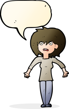 Bir insan tarafından çizilmiş konuşma baloncuğuyla omuz silken çizgi film kadını.