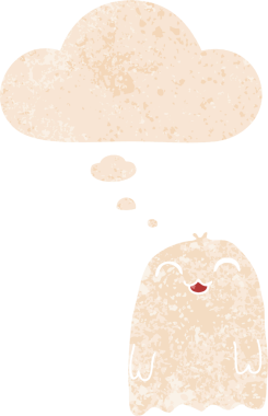 Düşünce baloncuğu ve grunge ile çizgi film hayaleti bir insan tarafından çizilmiş tedirgin retro tarzı