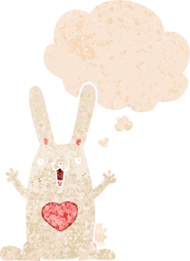 Düşünce baloncuğuna aşık çizgi film tavşanı bir insan tarafından çizilmiş dertli retro tarzı