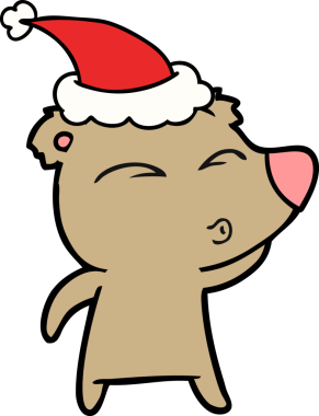 Bir insan tarafından çizilmiş Noel Baba şapkası takan bir ayının el çizimi.